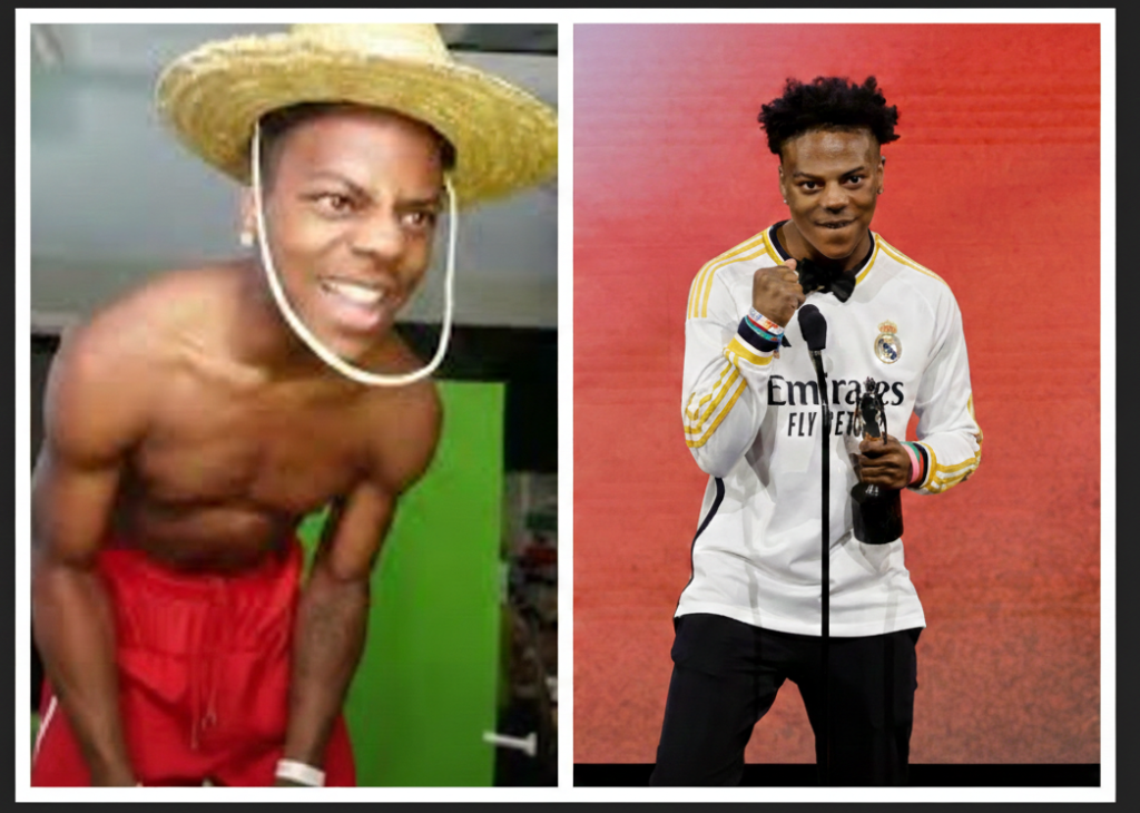 A split-screen collage of American streamer IShowSpeed in USA, showing his high-energy personality alongside a formal appearance.