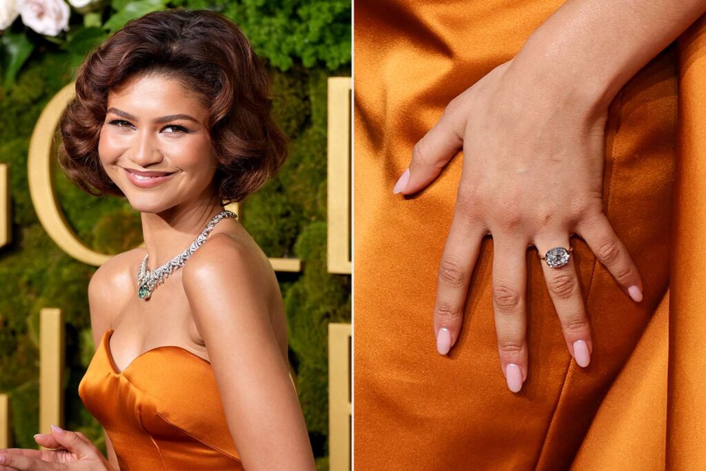 Zendaya wearing her engagement ring, close-up of oval diamond ring on left hand alongside portrait in orange dress.