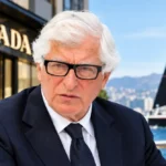 Patrizio Bertelli in a suit outside a luxury fashion storefront