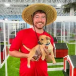 MrBeast Jimmy Donaldson wearing a straw hat holding a rescue puppy at a dog shelter challenge